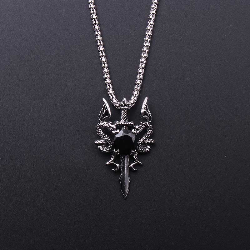 Men Accessories Pendant - 더블 드래곤 블랙 젬 크로스 목걸이