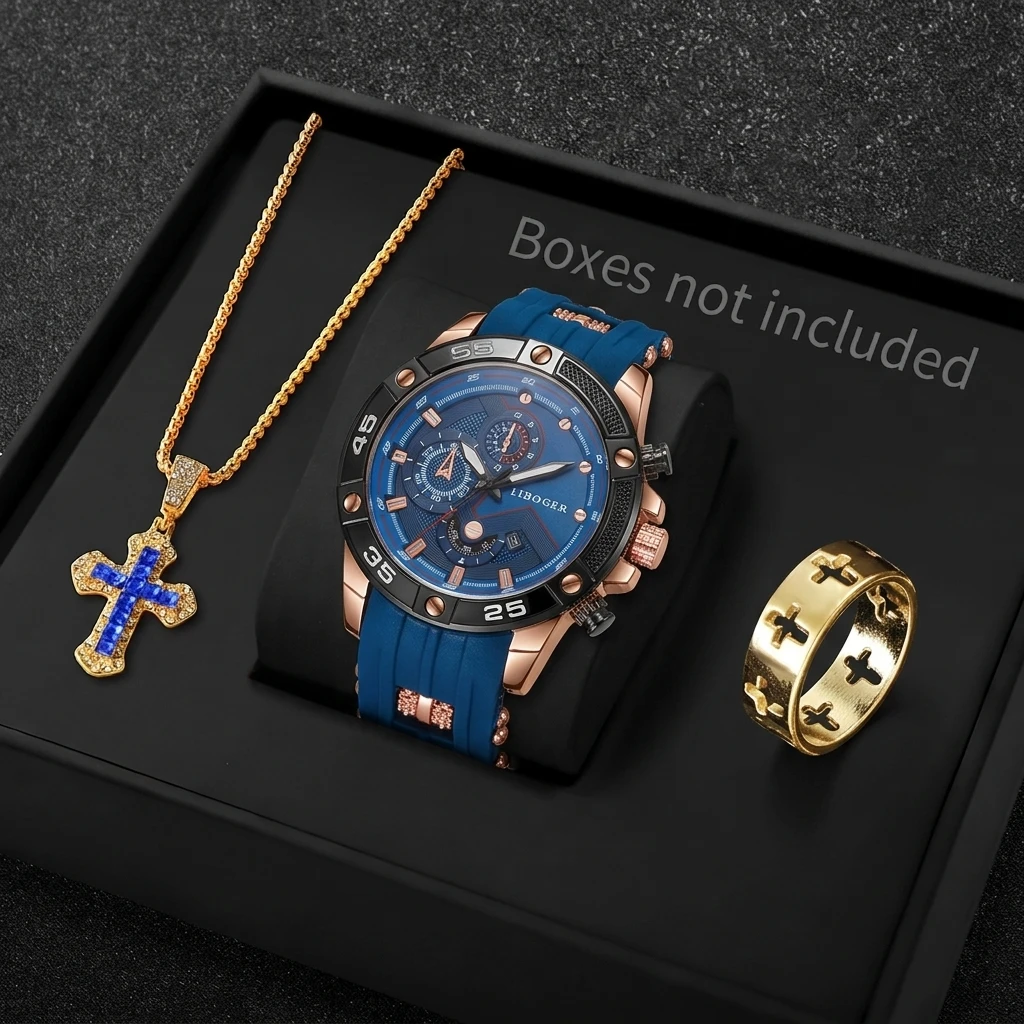 3PCS 패션 남성 스포츠 시계 크로스 쥬얼리 세트 캐 - Men Accessories Gadgets 리뷰 및 가격